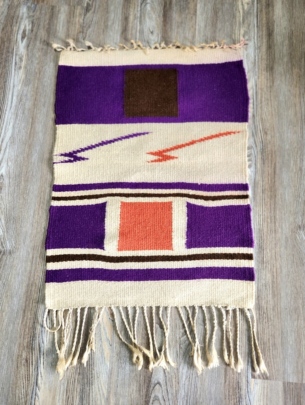 Wool Hand Woven Native Navajo Tapestry Rug 36x22 Inch Geometic Colorblock Fringe